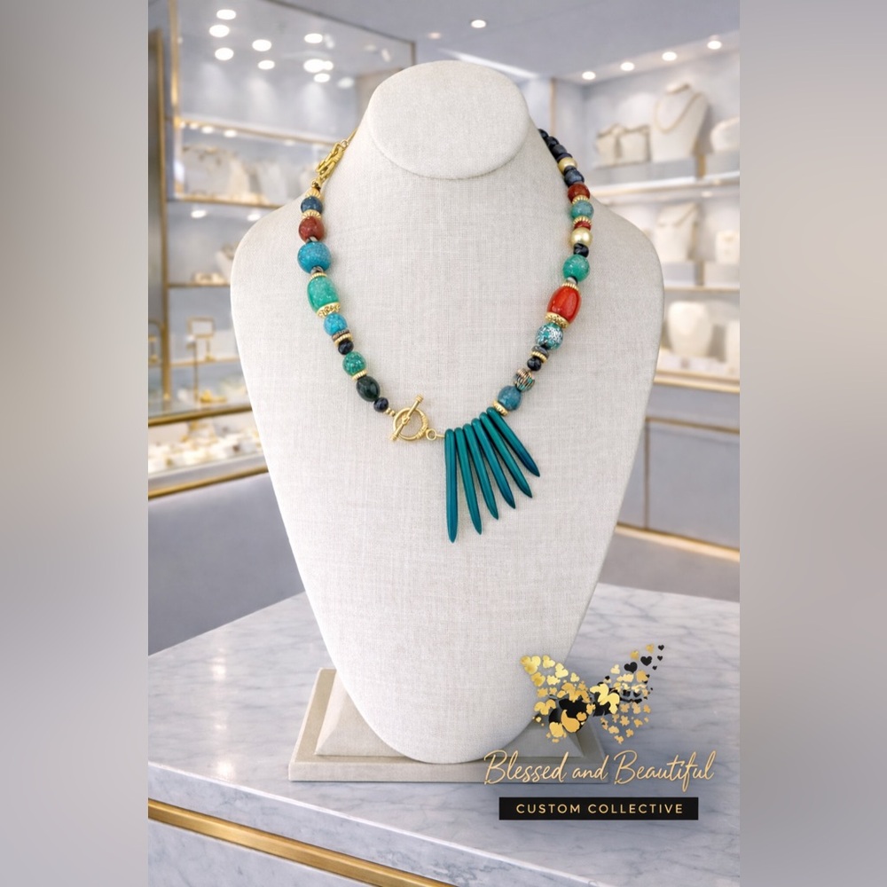ASYMMETRICAL TRIBAL STATEMENT NECKLACE WITH GOLD ACCENTS